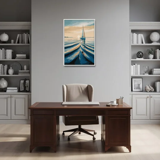 Seaside Sailboat Horizon - White Framed Canvas Wall Art - Office - 24x36