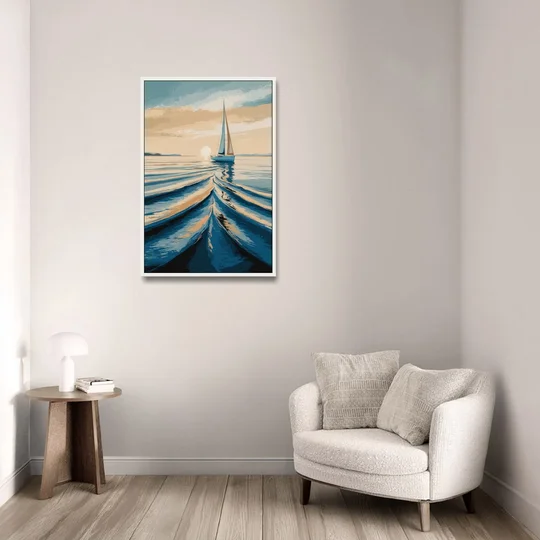 Seaside Sailboat Horizon - White Framed Canvas Wall Art - Sofa - 24x36