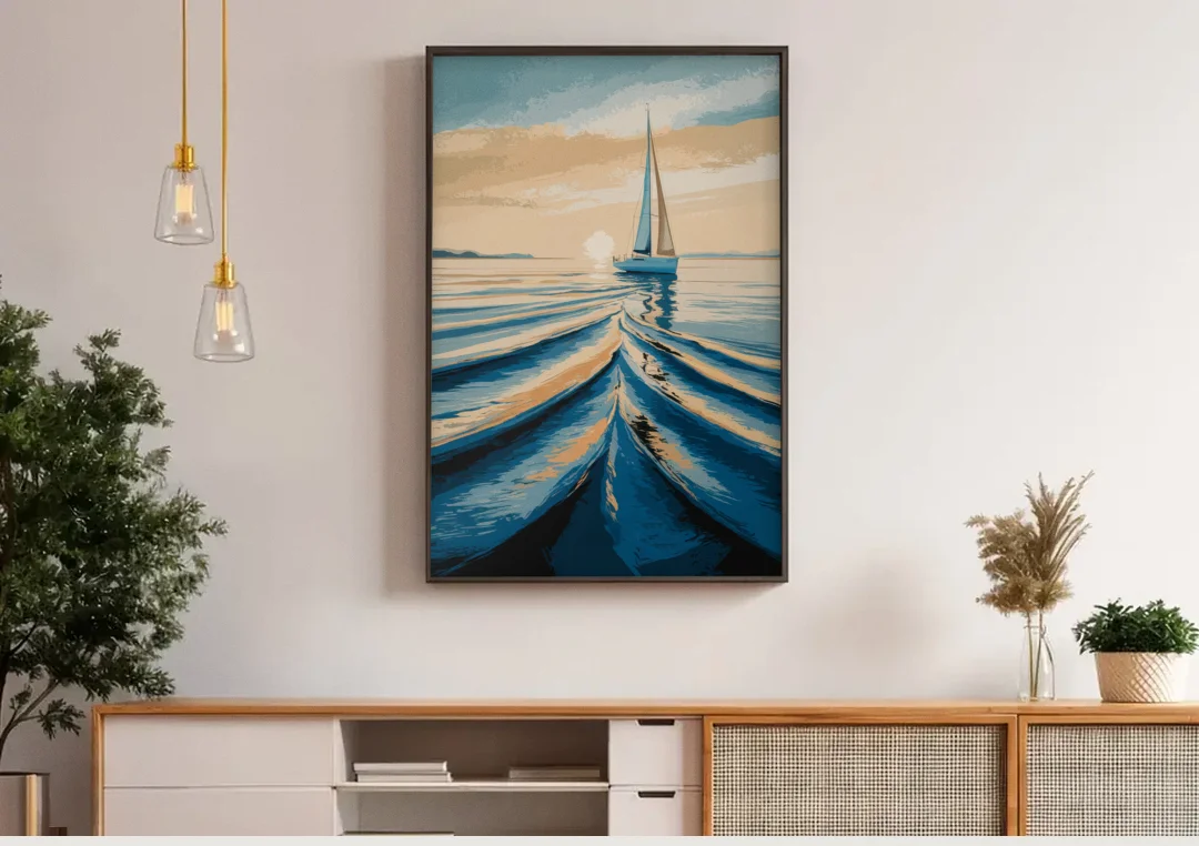 Seaside Sailboat Horizon canvas wall art above a wooden sideboard under pendant lights