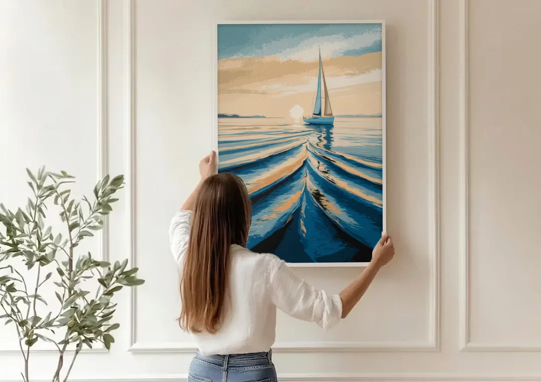 Seaside Sailboat Horizon canvas wall art being hung on a paneled wall