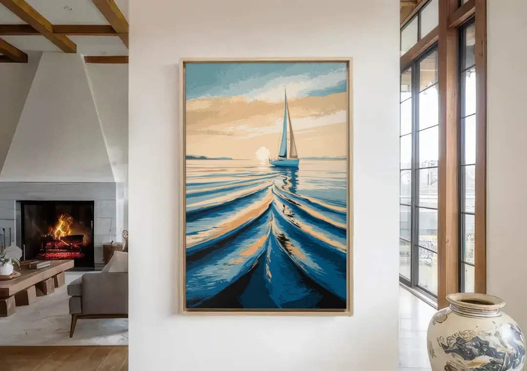Seaside Sailboat Horizon canvas wall art in a living room with a fireplace