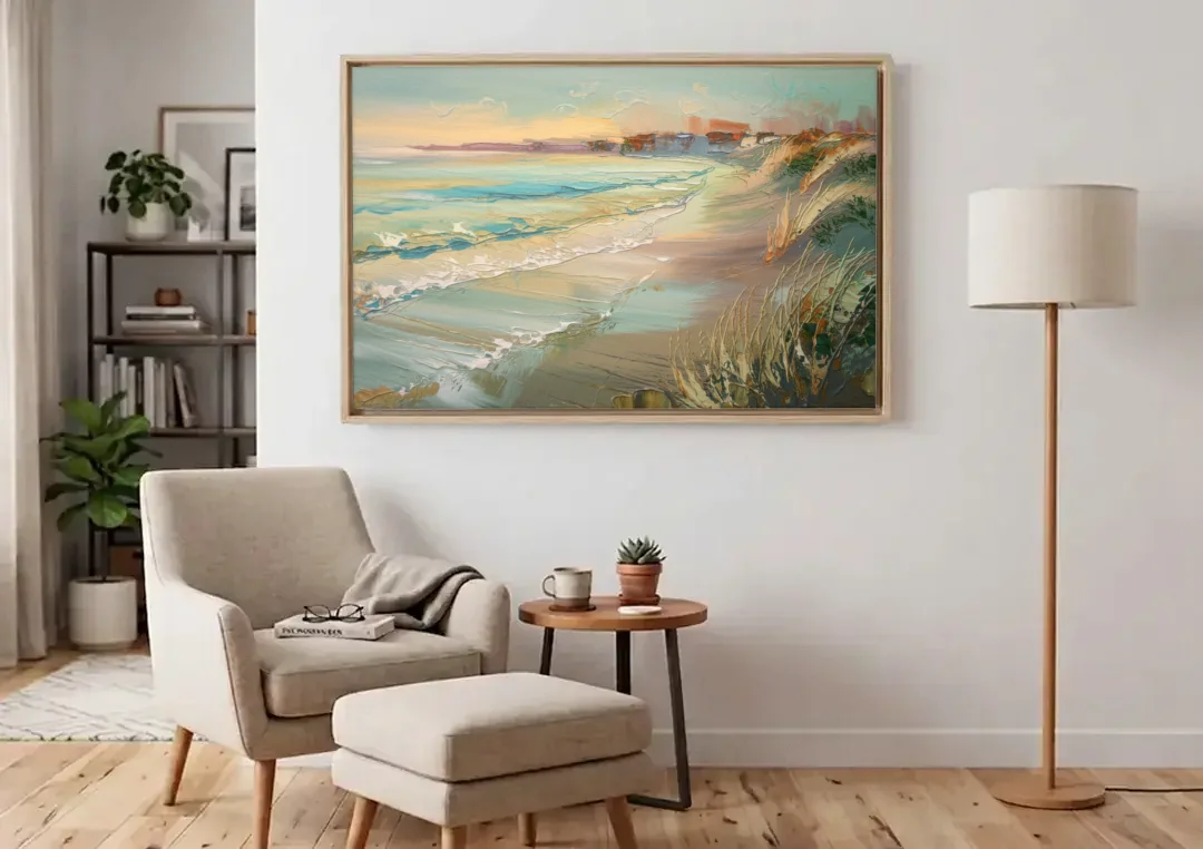 Seaside Shoreline Escape canvas wall art above an armchair in a bright living room