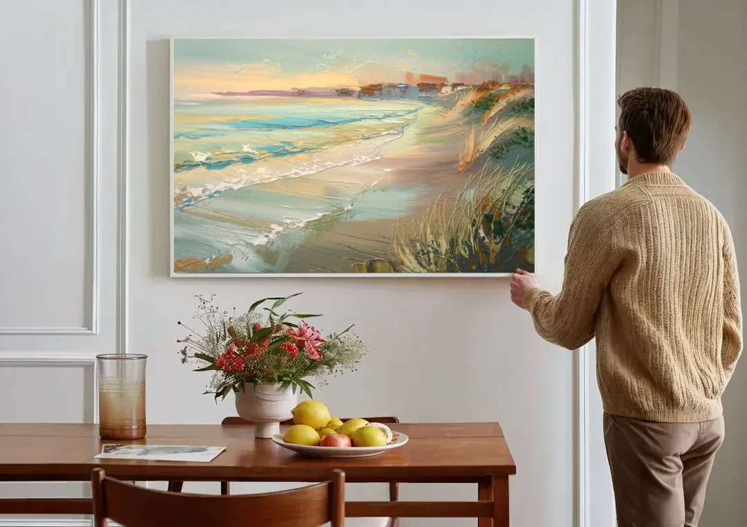Seaside Shoreline Escape canvas wall art above a dining table