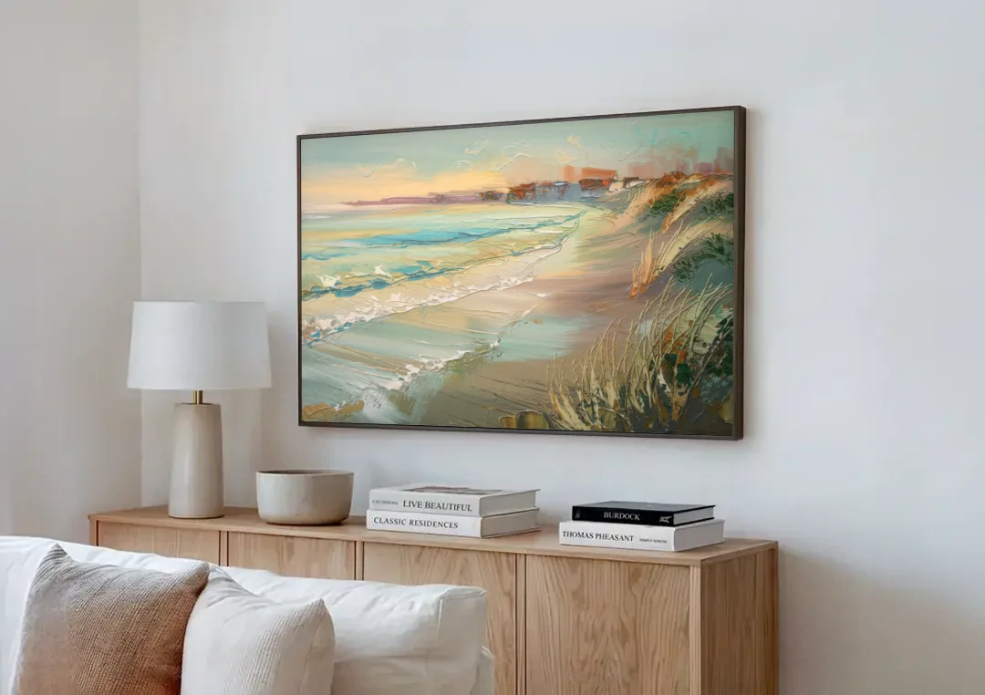 Seaside Shoreline Escape canvas wall art above a wooden sideboard next to a sofa