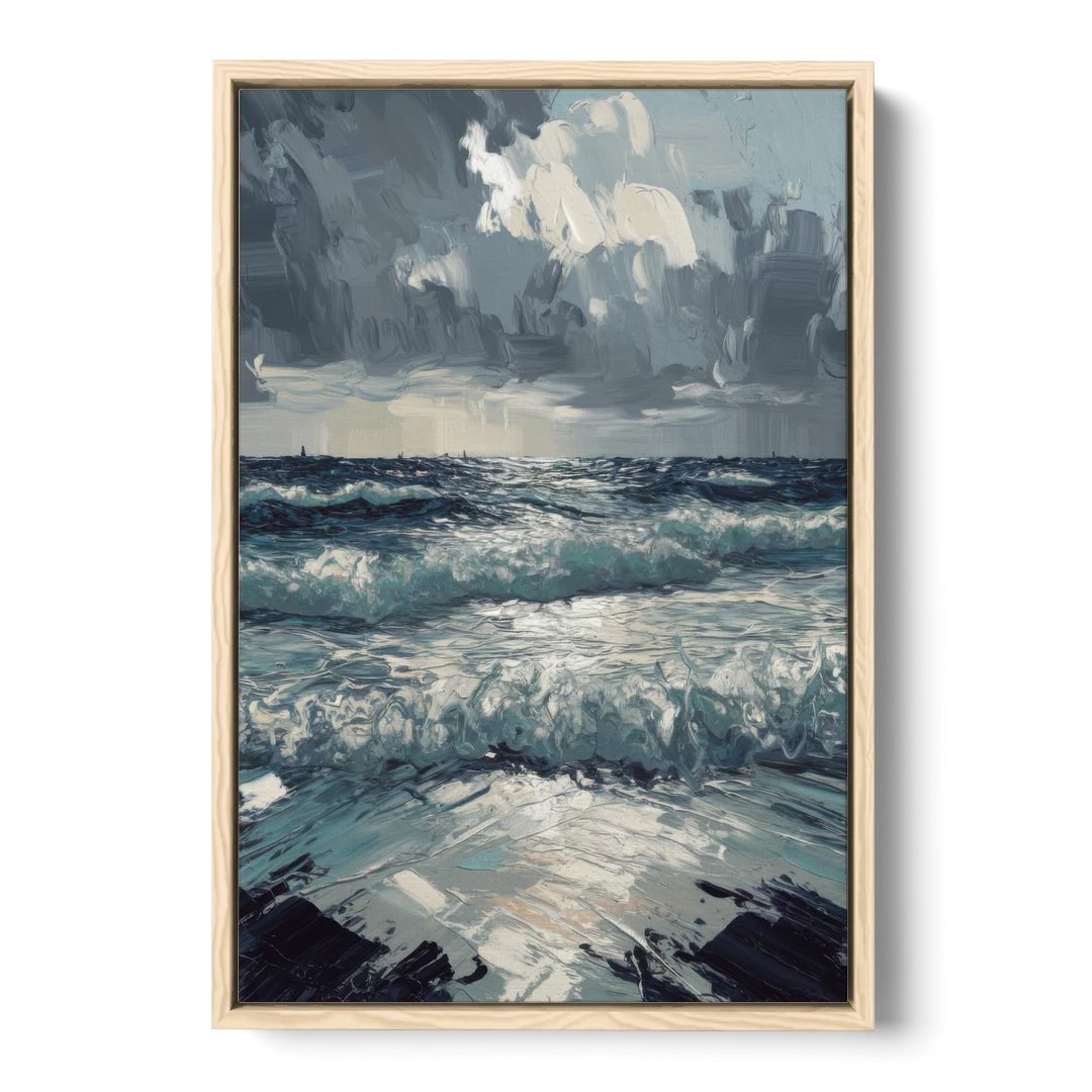 Seaside Stormy Skies - Oak Framed Canvas Wall Art - Front