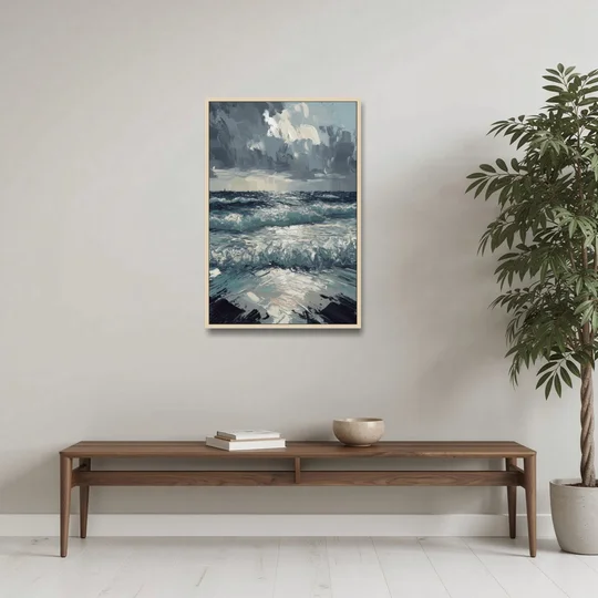 Seaside Stormy Skies - Oak Framed Canvas Wall Art - Coffee Table - 24x36