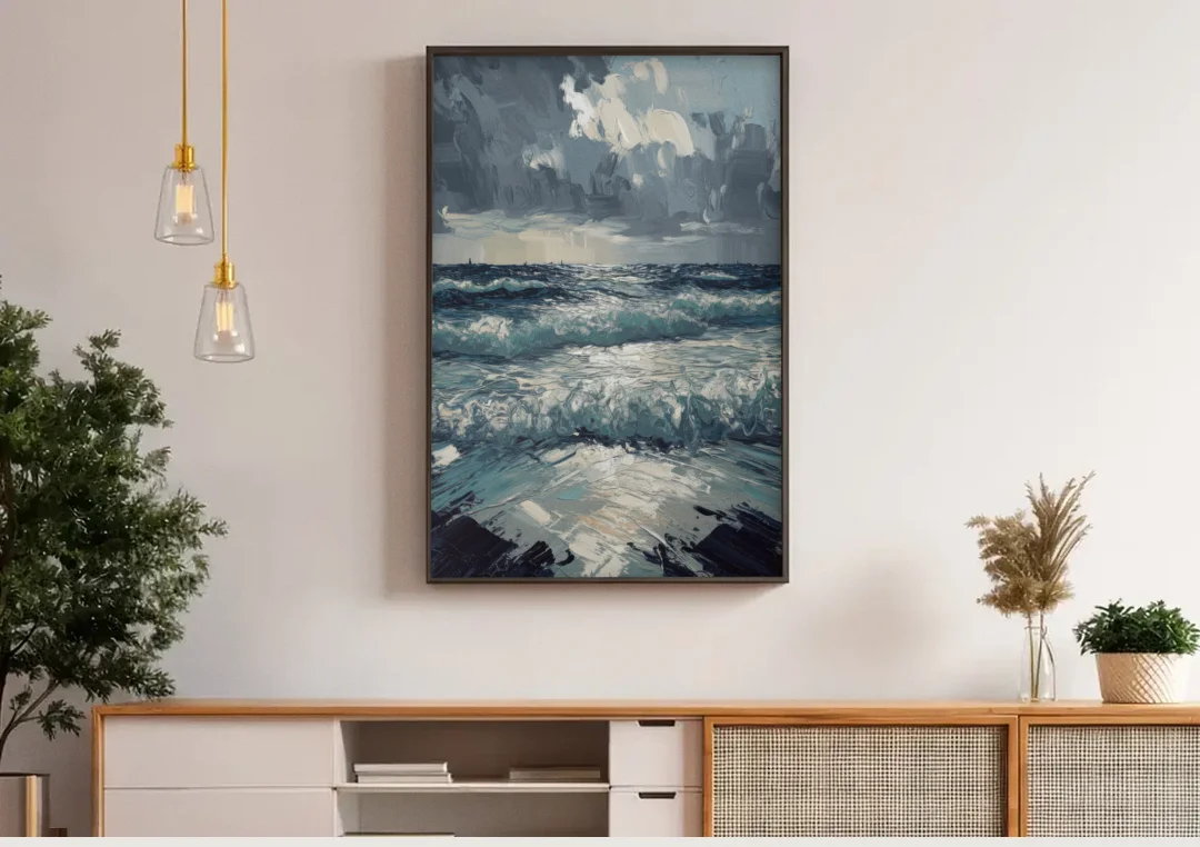 Seaside Stormy Skies canvas wall art above a wooden sideboard under pendant lights