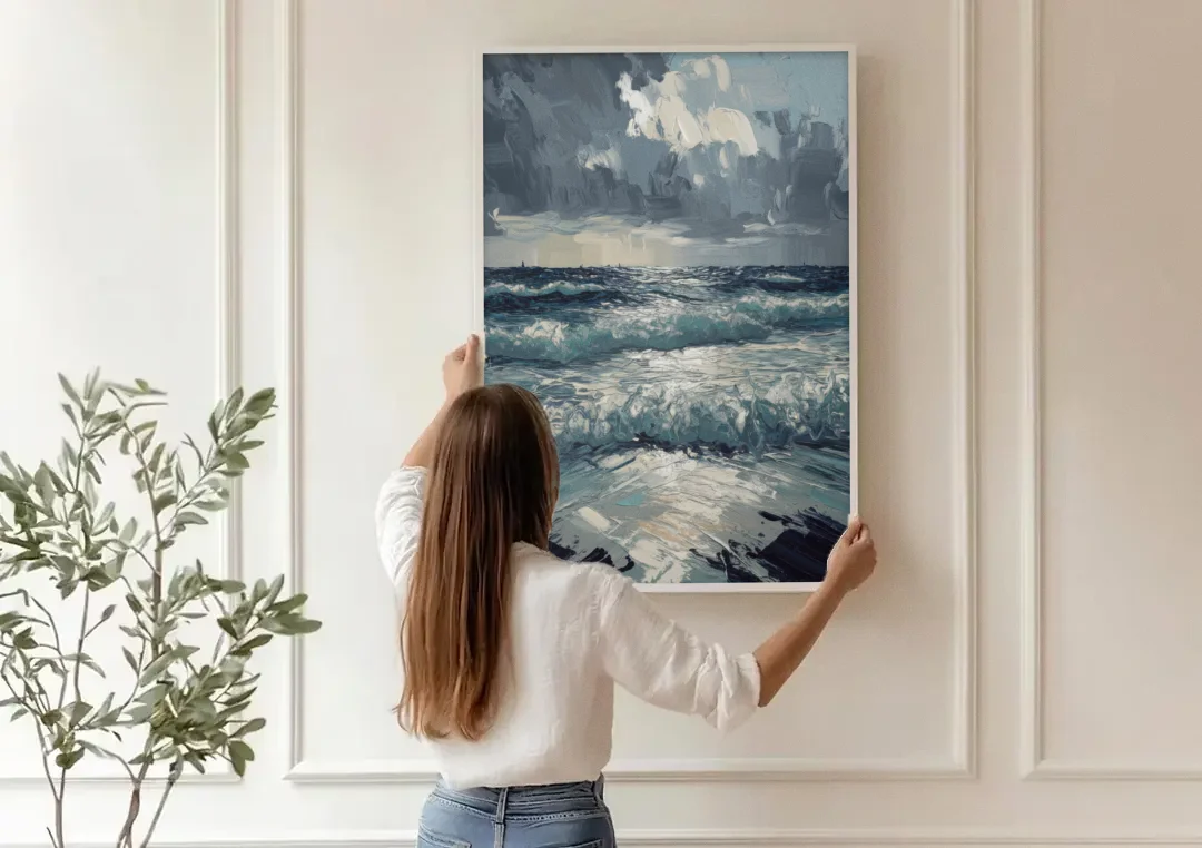 Seaside Stormy Skies canvas wall art being hung on a paneled wall