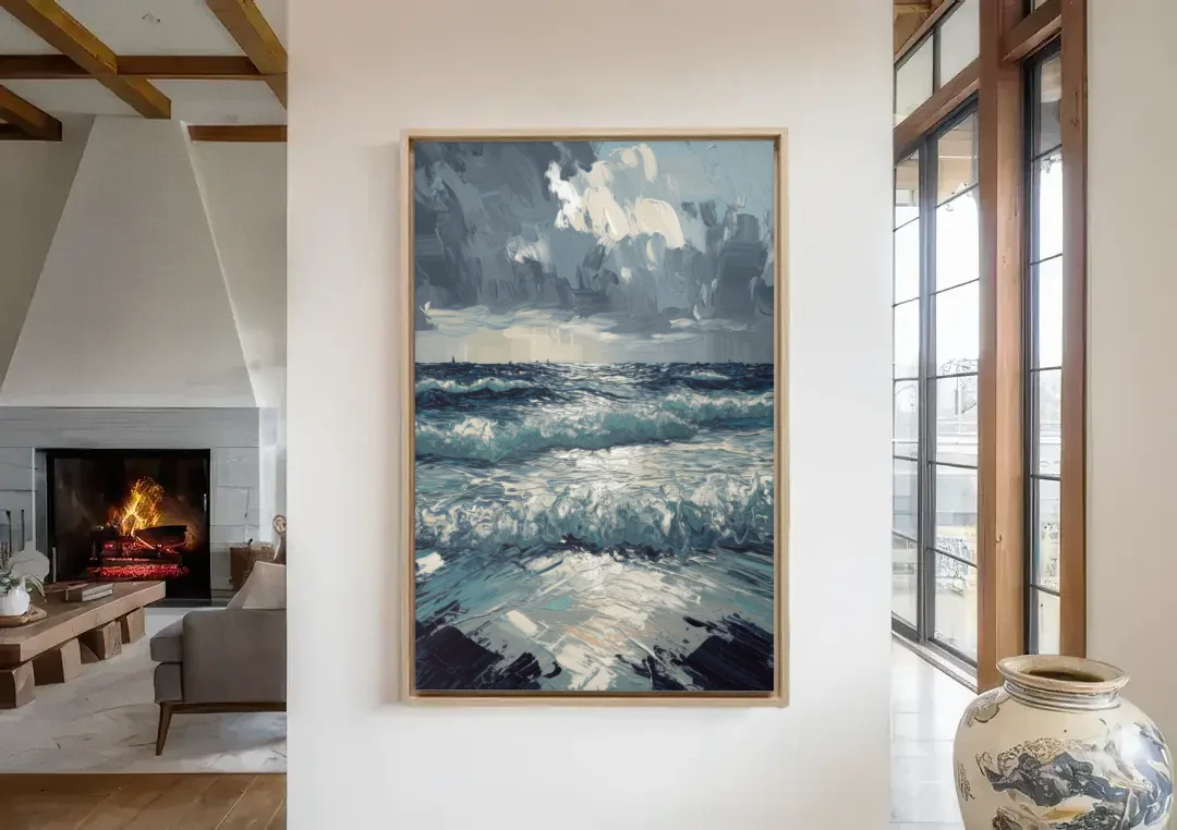 Seaside Stormy Skies canvas wall art in a living room with a fireplace