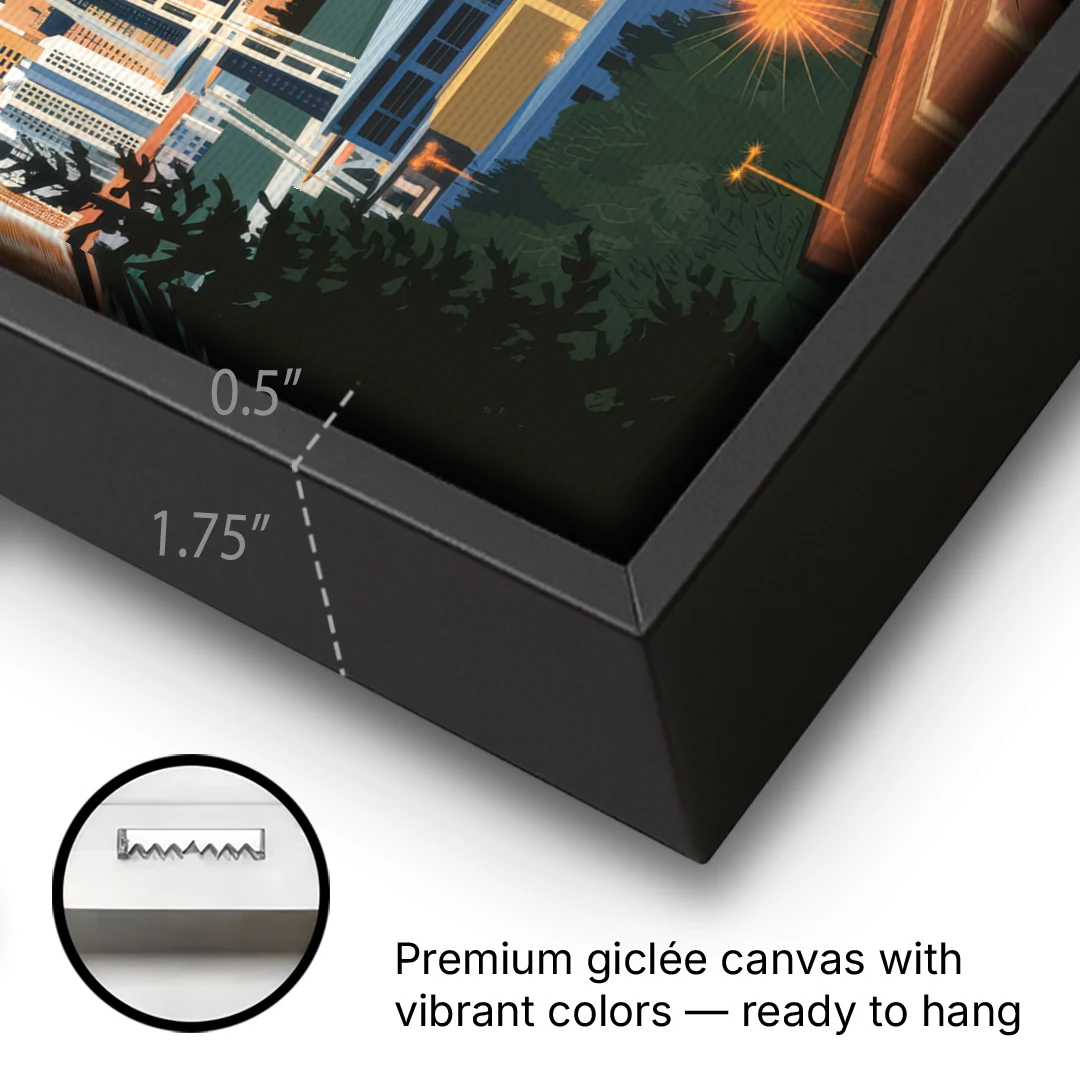 Seattle City at Dusk - Black Framed Canvas Wall Art - Gallery Wrap Corner