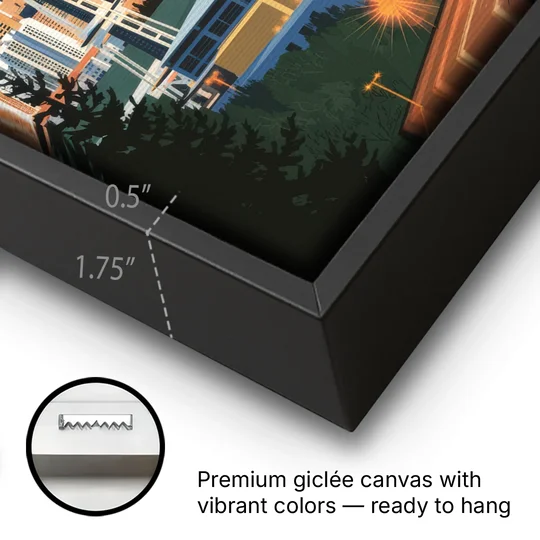 Seattle City at Dusk - Black Framed Canvas Wall Art - Gallery Wrap Corner