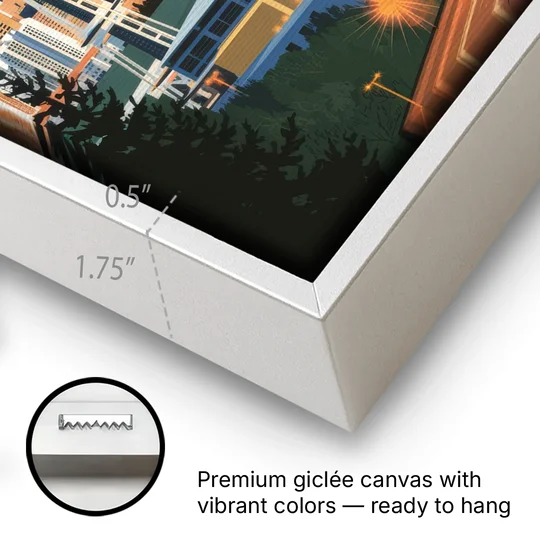 Seattle City at Dusk - White Framed Canvas Wall Art - Gallery Wrap Corner