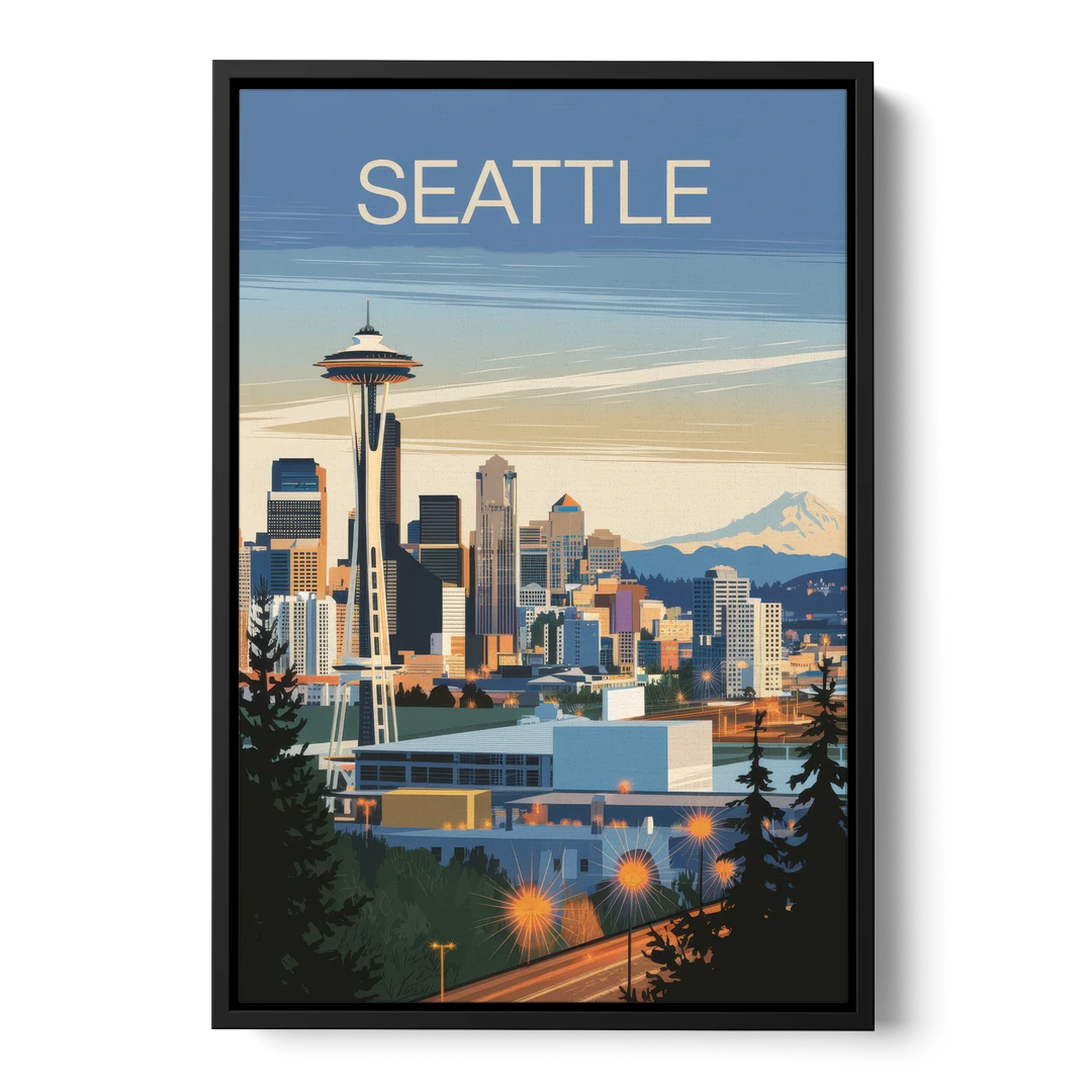 Seattle City at Dusk - Black Framed Canvas Wall Art - Front