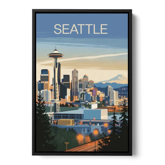 Seattle City at Dusk - Black Framed Canvas Wall Art - Front