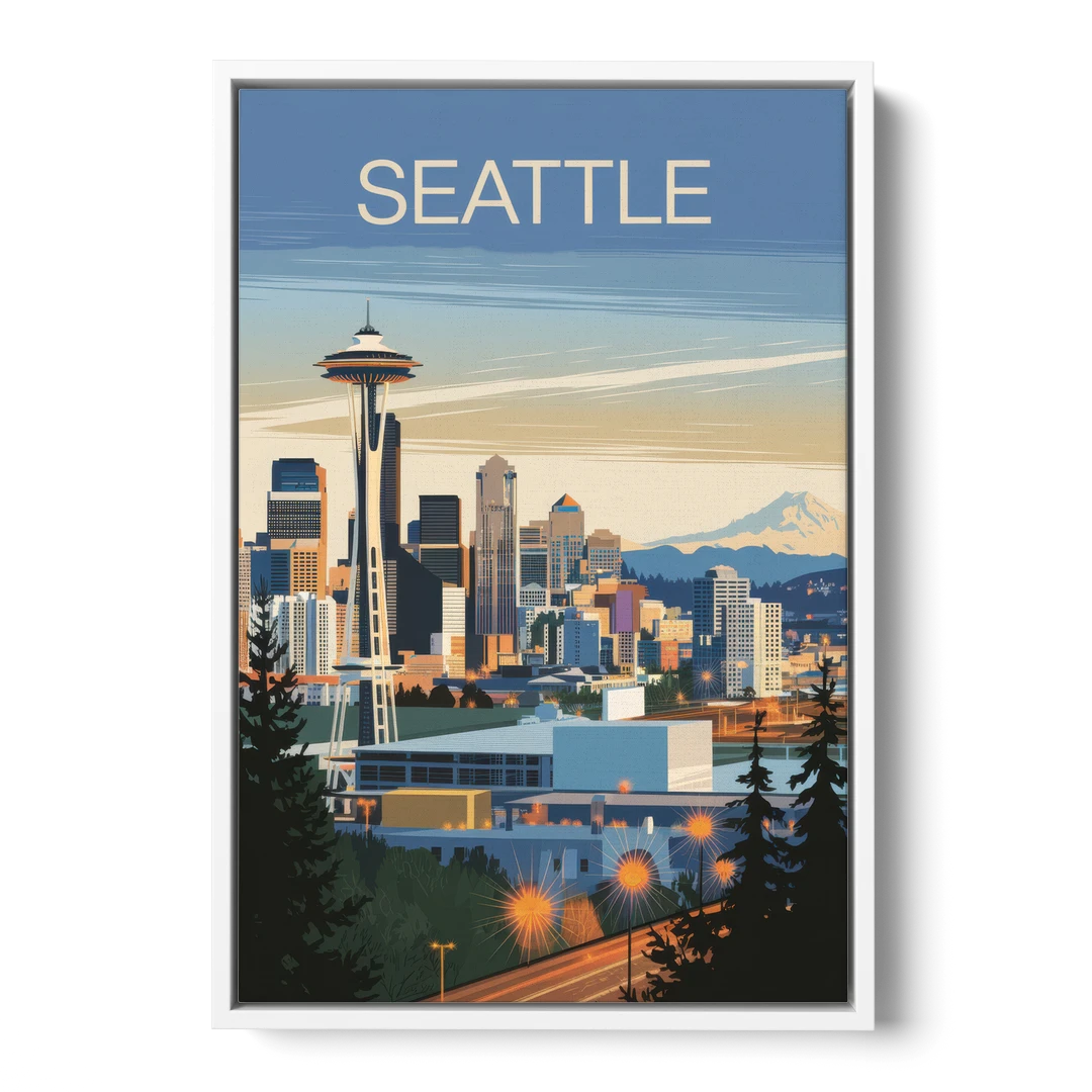 Seattle City at Dusk - White Framed Canvas Wall Art - Front