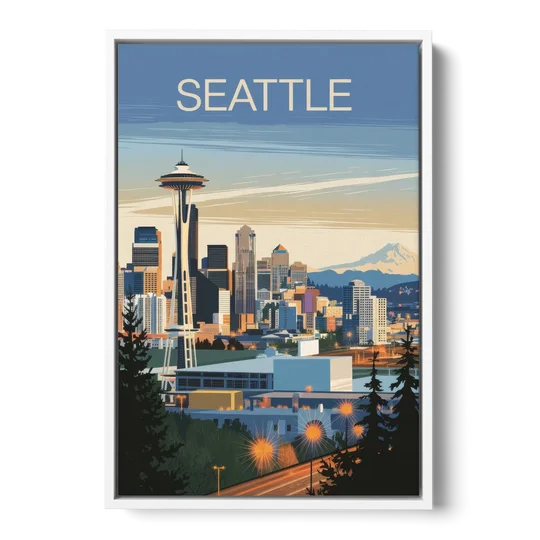 Seattle City at Dusk - White Framed Canvas Wall Art - Front