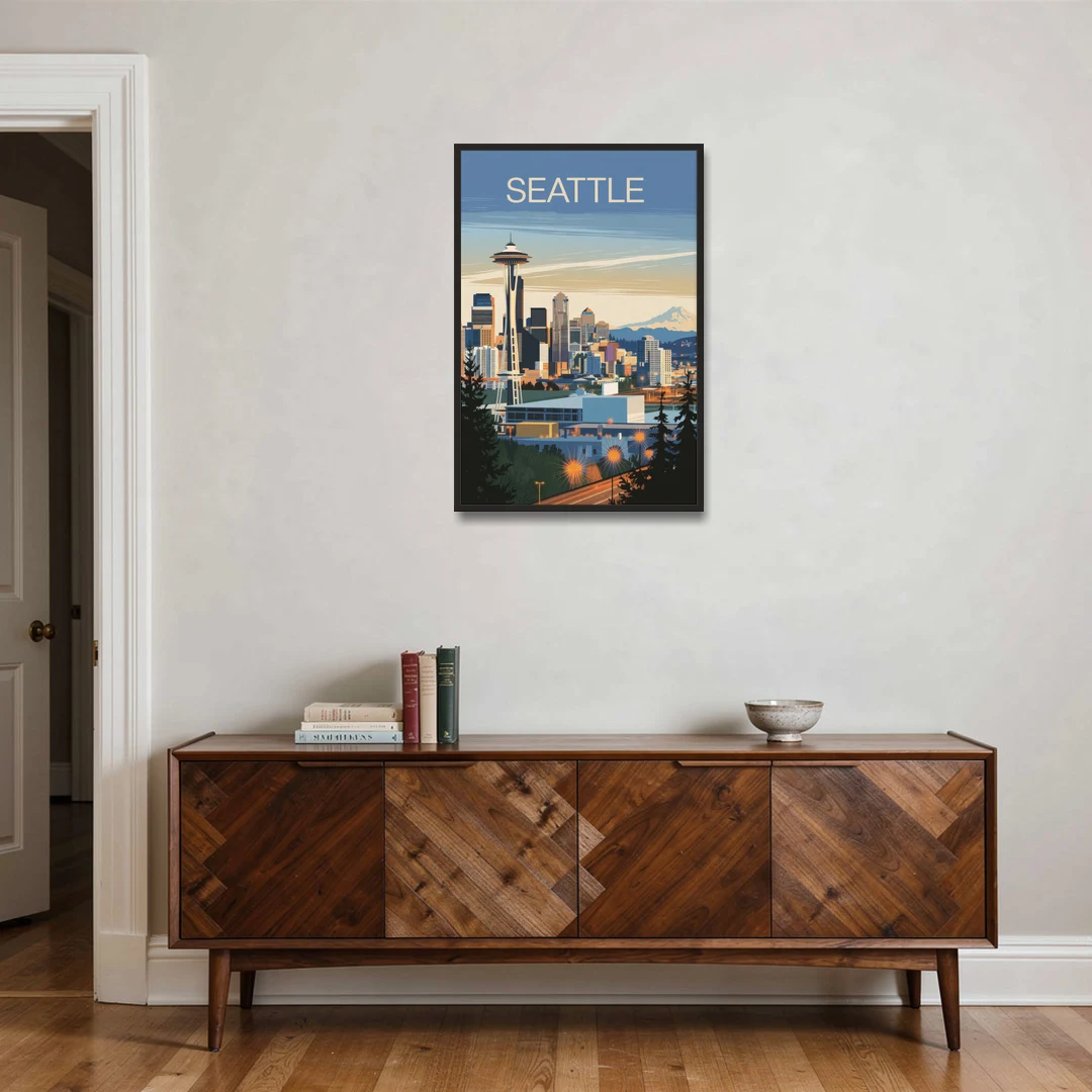 Seattle City at Dusk - Black Framed Canvas Wall Art - Coffee Table - 24x36