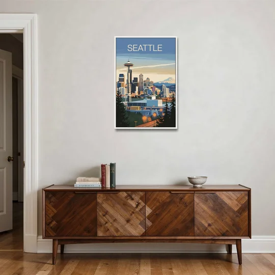 Seattle City at Dusk - White Framed Canvas Wall Art - Coffee Table - 24x36