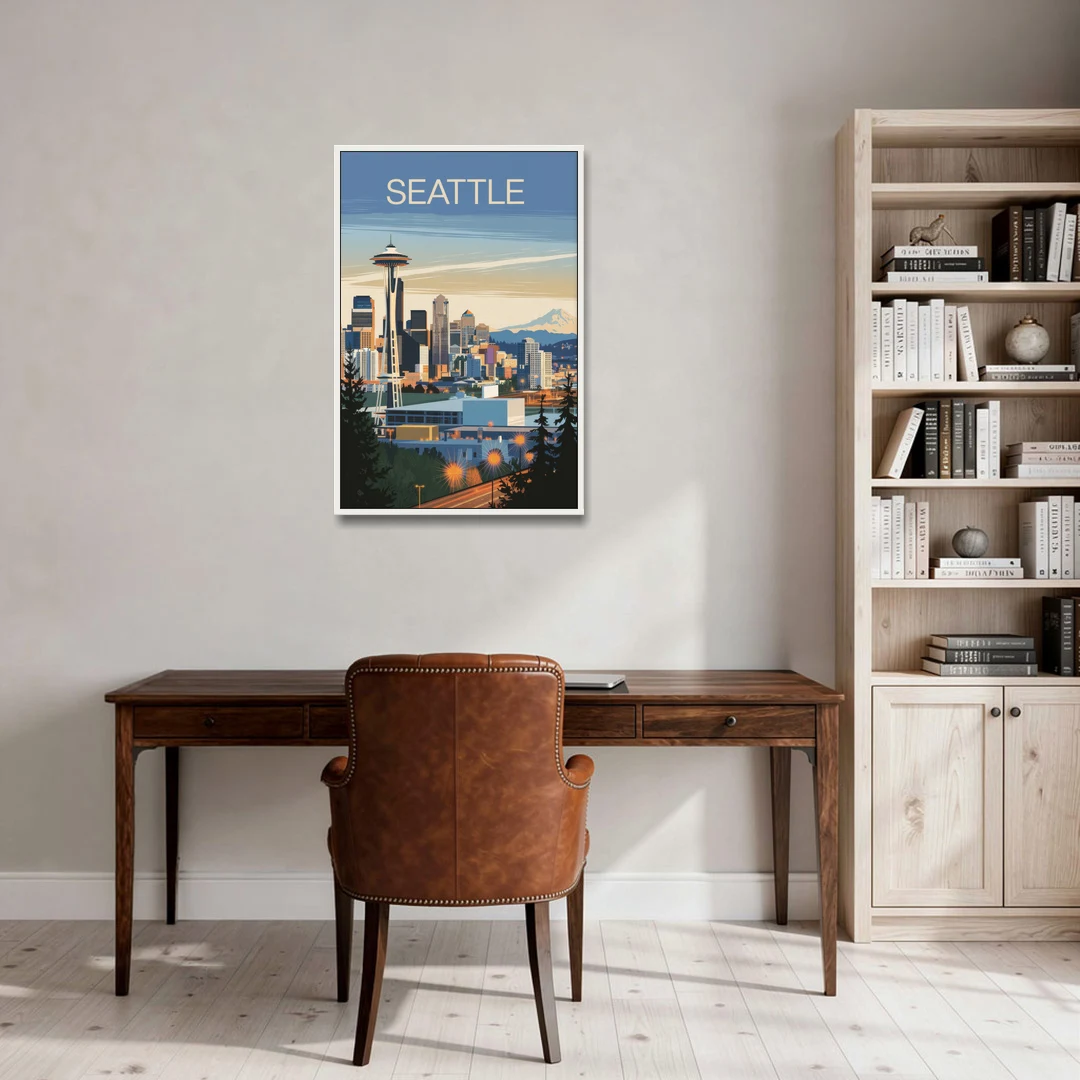 Seattle City at Dusk - White Framed Canvas Wall Art - Office - 24x36