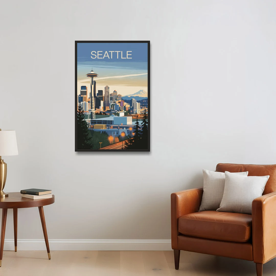 Seattle City at Dusk - Black Framed Canvas Wall Art - Sofa - 24x36