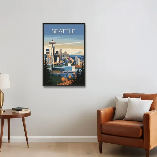 Seattle City at Dusk - Black Framed Canvas Wall Art - Sofa - 24x36