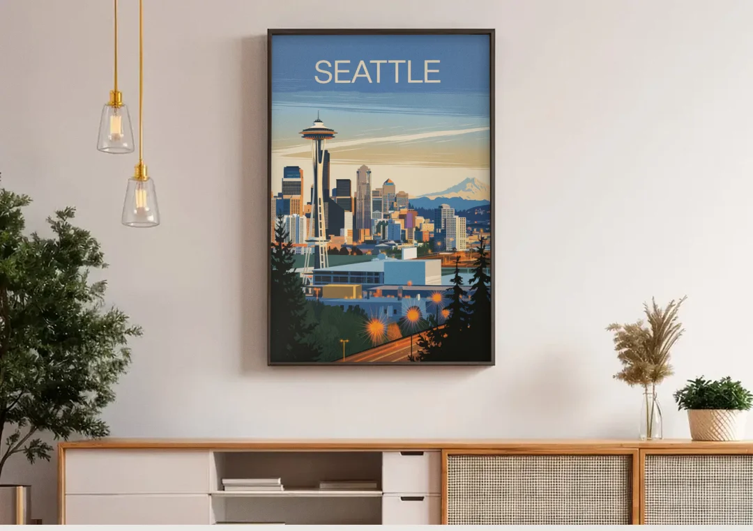 Seattle City at Dusk canvas wall art above a wooden sideboard under pendant lights