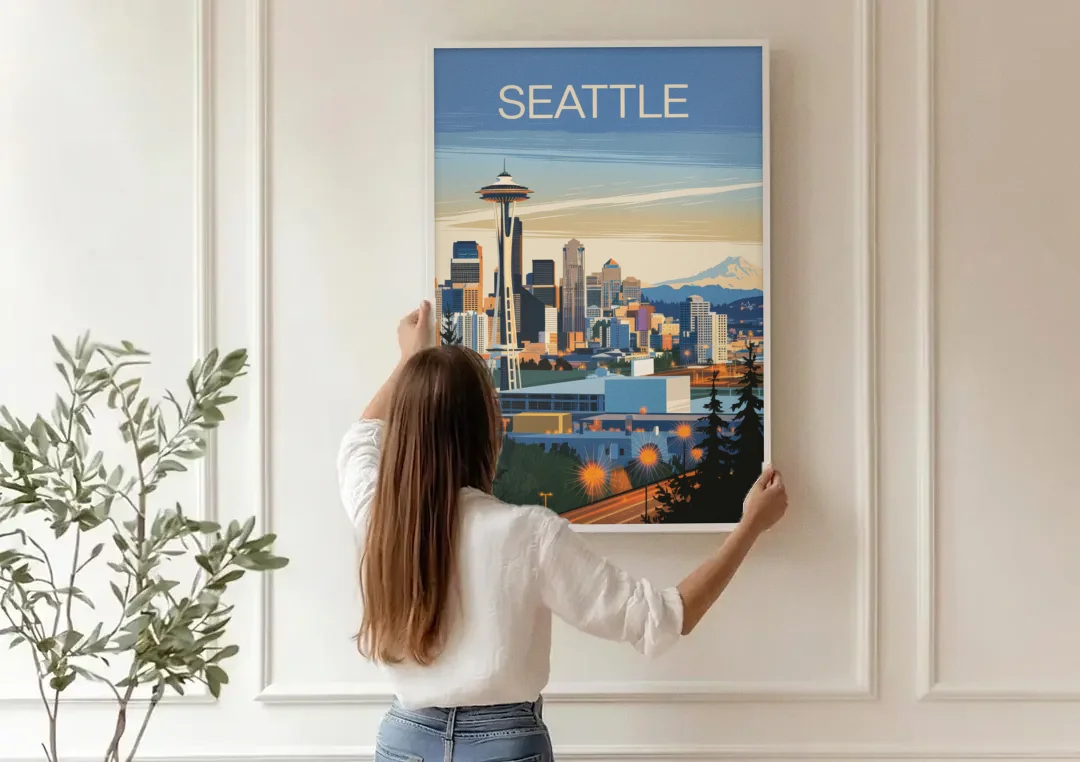 Seattle City at Dusk canvas wall art being hung on a paneled wall