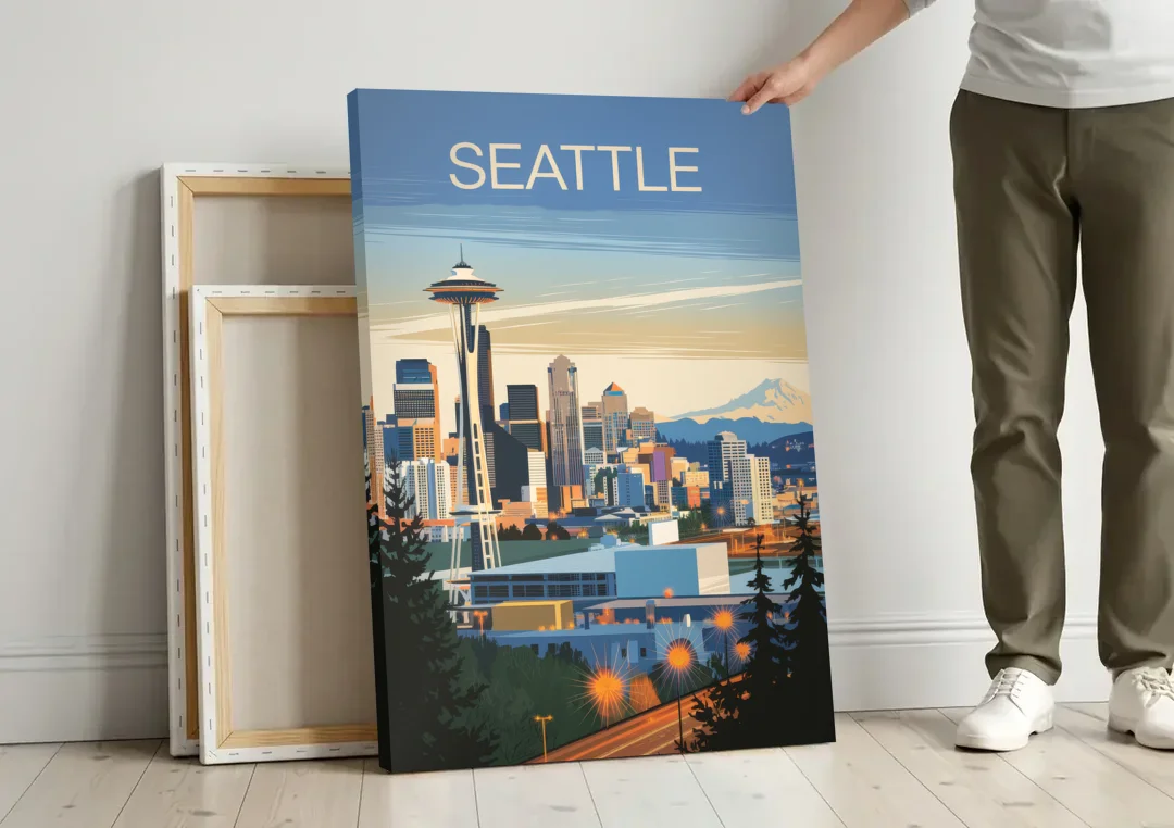 Seattle City at Dusk canvas wall art leaning against a wall next to blank canvases