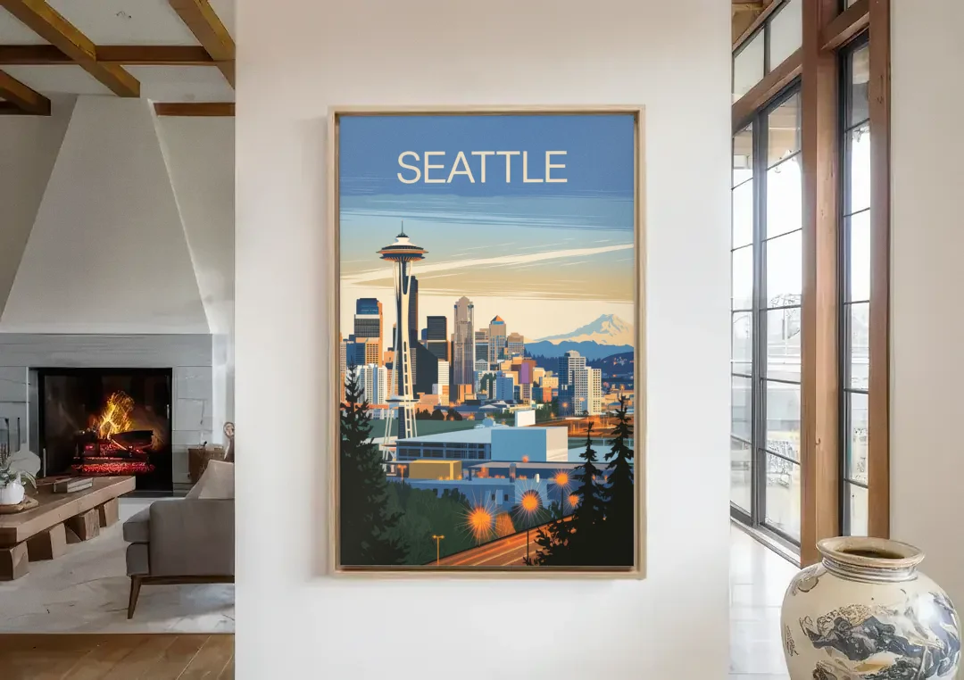 Seattle City at Dusk canvas wall art in a living room with a fireplace