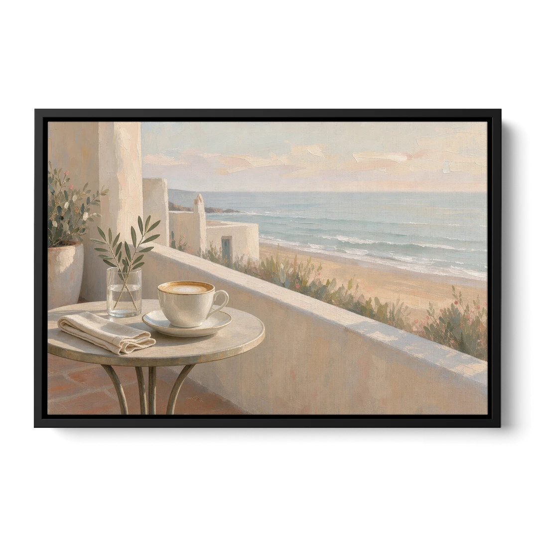 Seaside Terrace Cappuccino for the Cafe - Black Framed Canvas Wall Art - Front