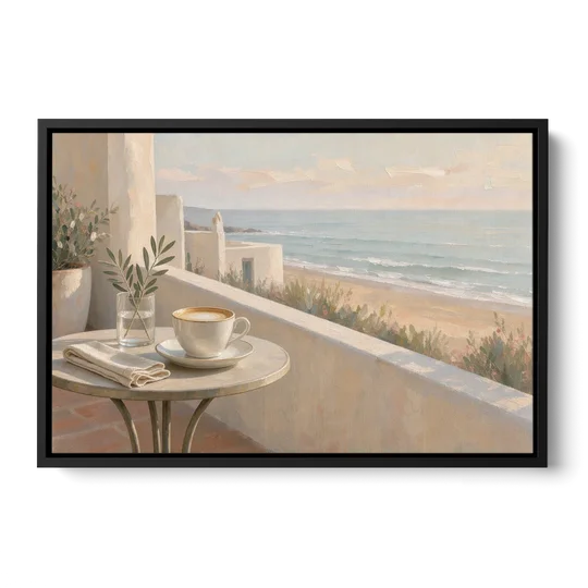 Seaside Terrace Cappuccino for the Cafe - Black Framed Canvas Wall Art - Front