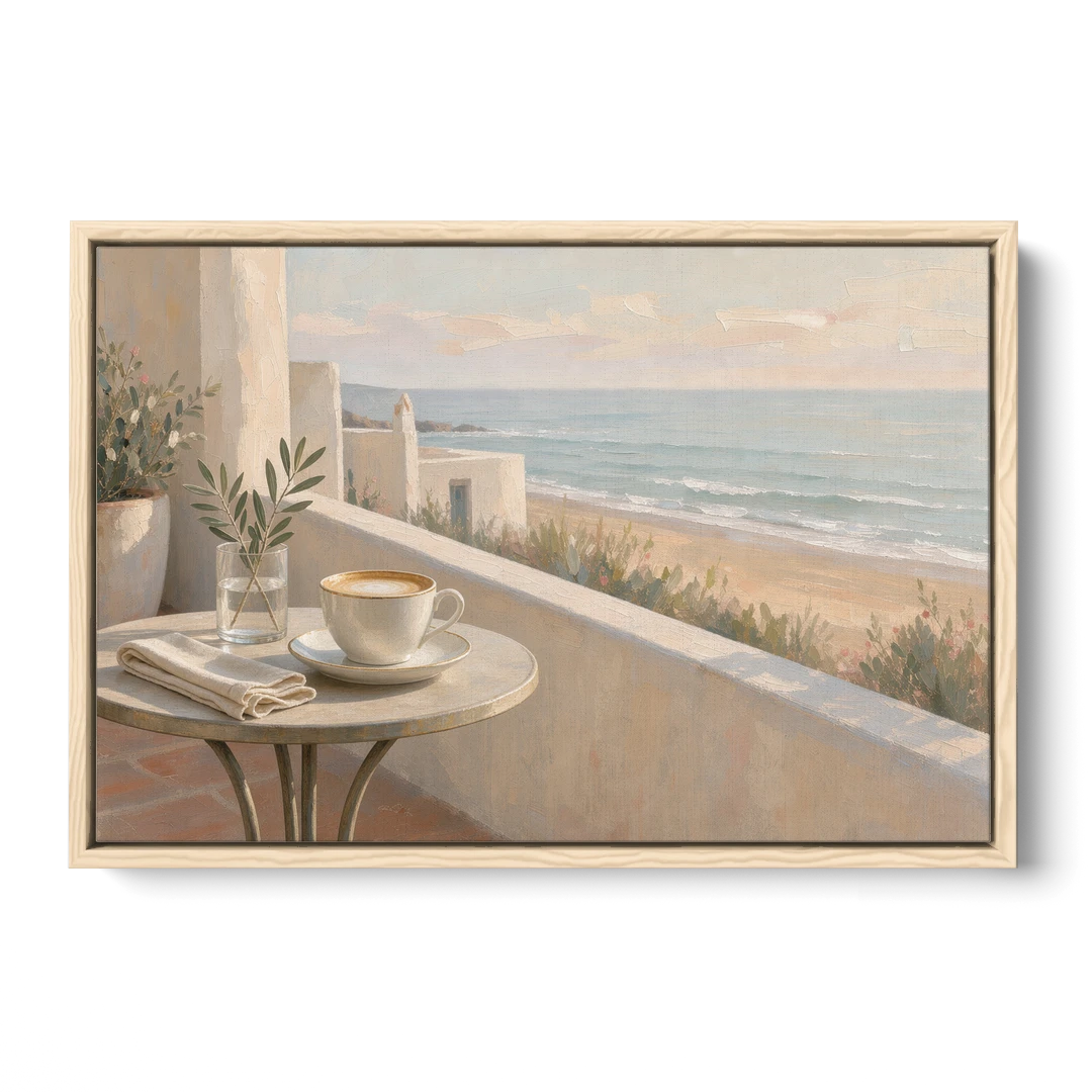 Seaside Terrace Cappuccino for the Cafe - Oak Framed Canvas Wall Art - Front