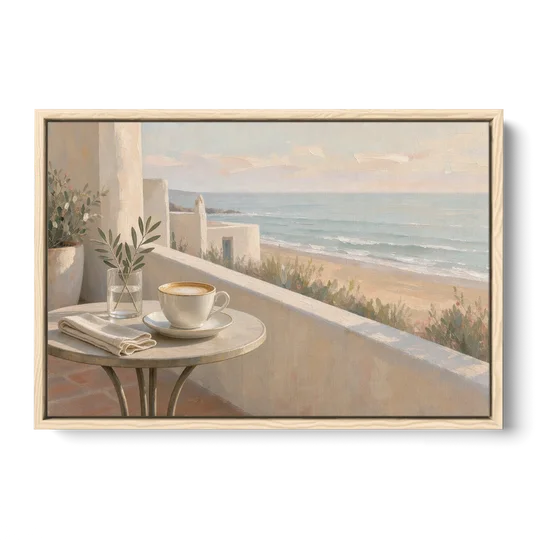 Seaside Terrace Cappuccino for the Cafe - Oak Framed Canvas Wall Art - Front