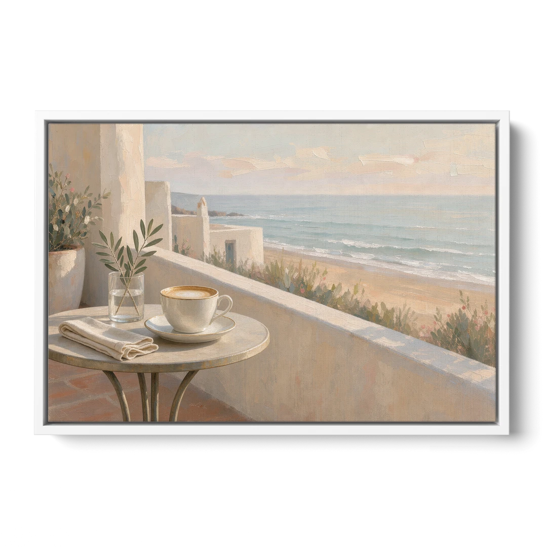 Seaside Terrace Cappuccino for the Cafe - White Framed Canvas Wall Art - Front