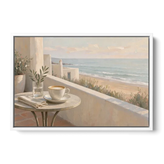 Seaside Terrace Cappuccino for the Cafe - White Framed Canvas Wall Art - Front