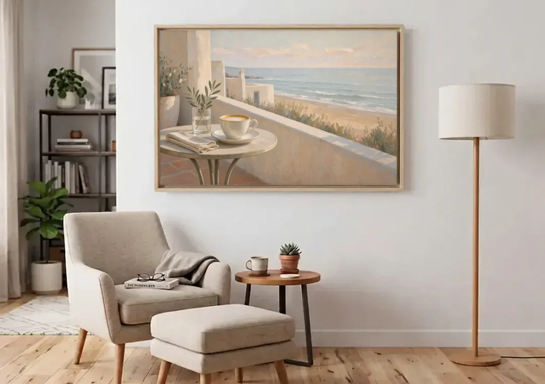 Seaside Terrace Cappuccino for the Cafe canvas wall art above an armchair in a bright living room