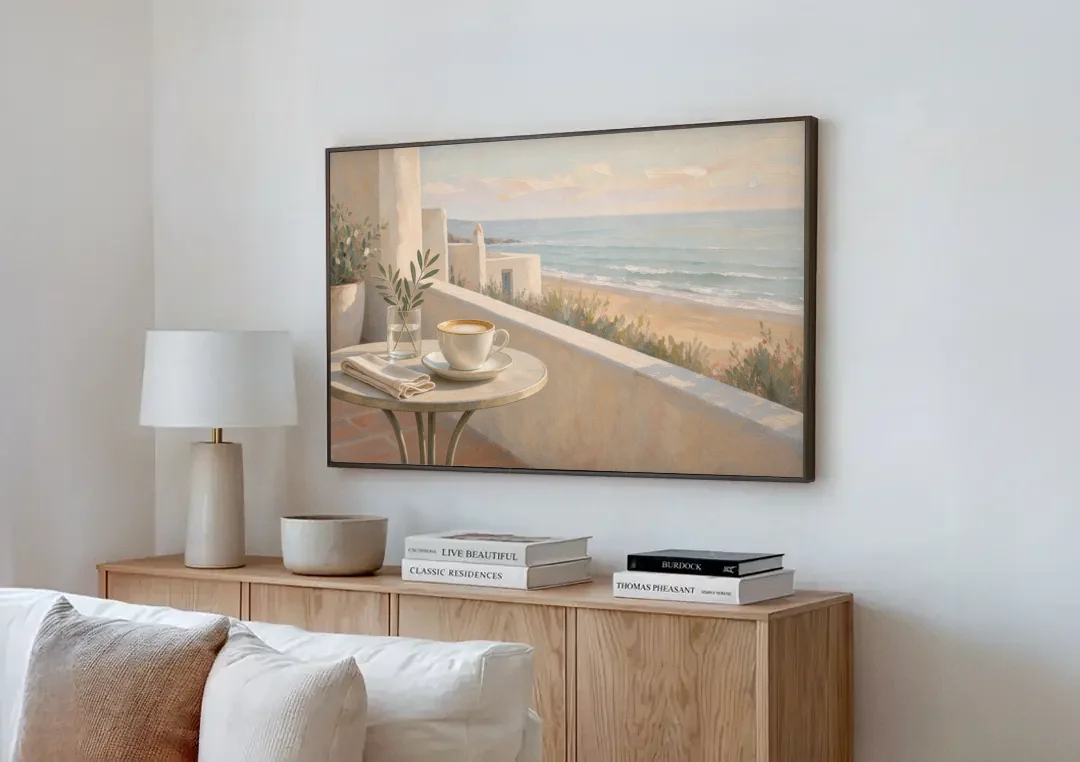 Seaside Terrace Cappuccino for the Cafe canvas wall art above a wooden sideboard next to a sofa