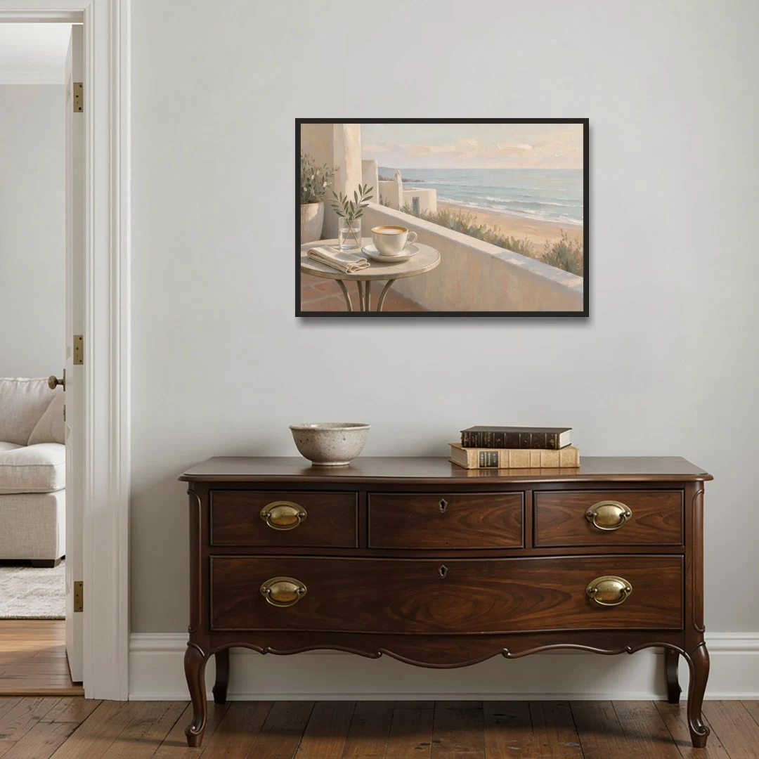 Seaside Terrace Cappuccino for the Cafe - Black Framed Canvas Wall Art - Coffee Table - 36x24