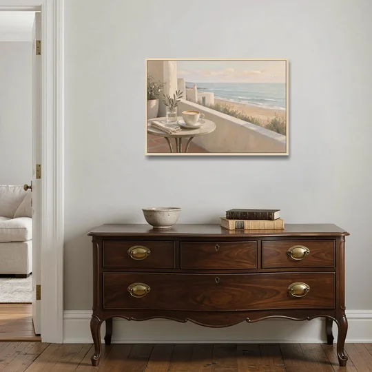 Seaside Terrace Cappuccino for the Cafe - Oak Framed Canvas Wall Art - Coffee Table - 36x24