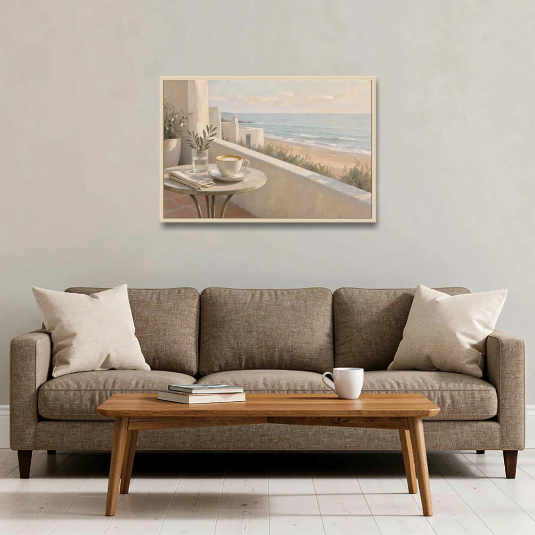 Seaside Terrace Cappuccino for the Cafe - Oak Framed Canvas Wall Art - Sofa - 36x24