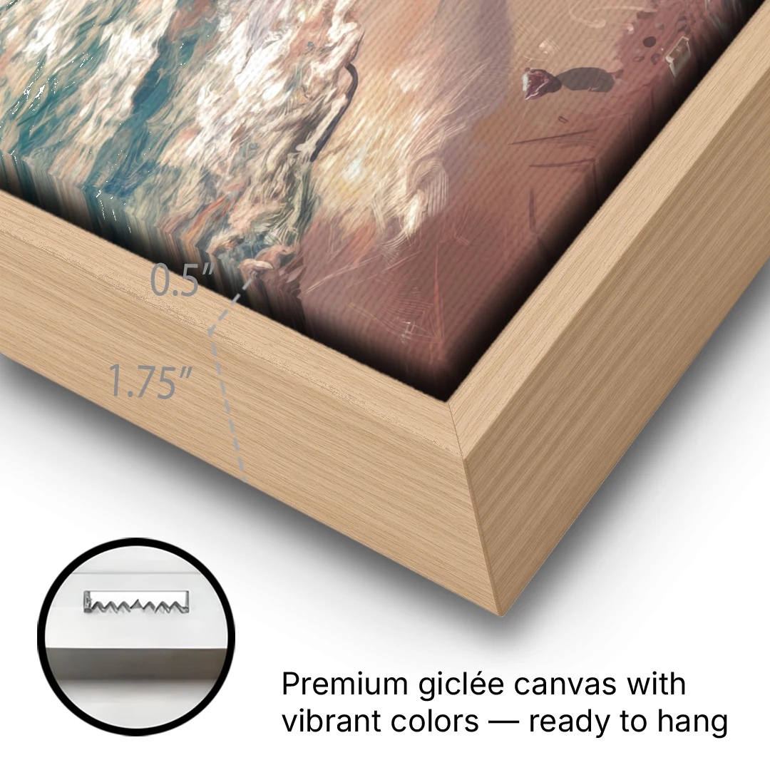 Seaside Tranquil Waters - Oak Framed Canvas Wall Art - Gallery Wrap Corner