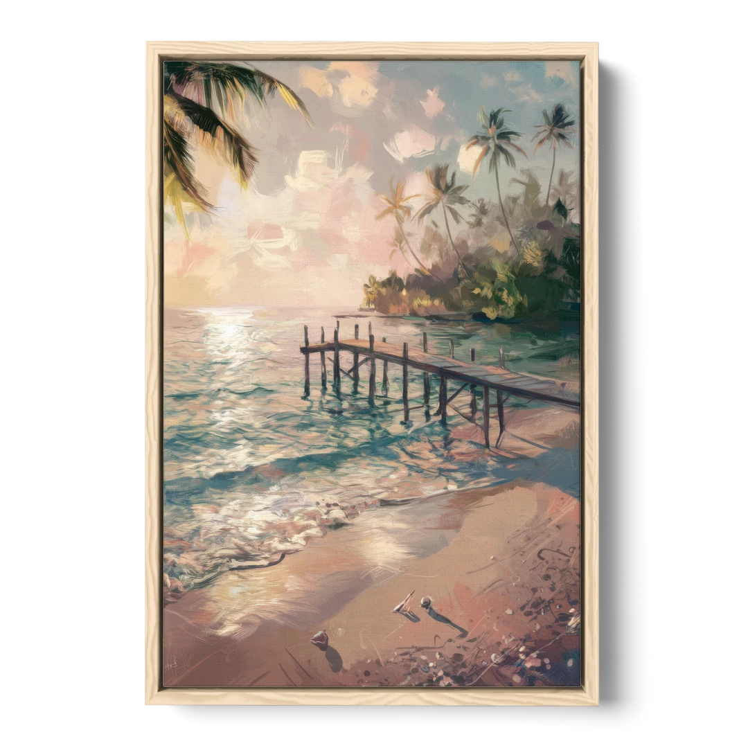 Seaside Tranquil Waters - Oak Framed Canvas Wall Art - Front
