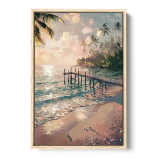 Seaside Tranquil Waters - Oak Framed Canvas Wall Art - Front