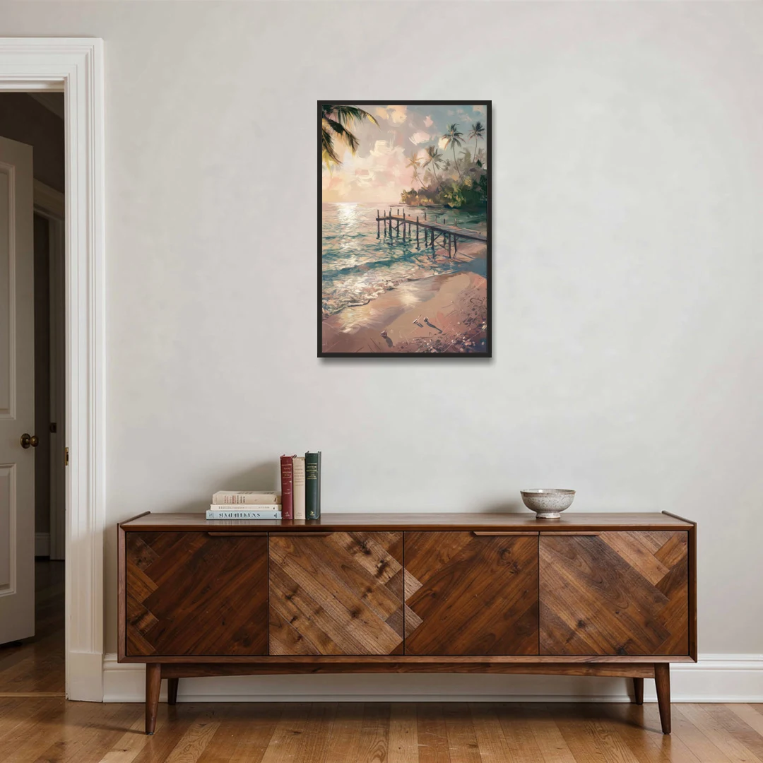 Seaside Tranquil Waters - Black Framed Canvas Wall Art - Coffee Table - 24x36