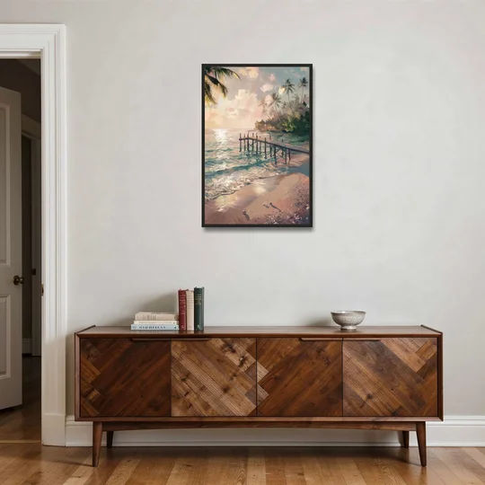 Seaside Tranquil Waters - Black Framed Canvas Wall Art - Coffee Table - 24x36