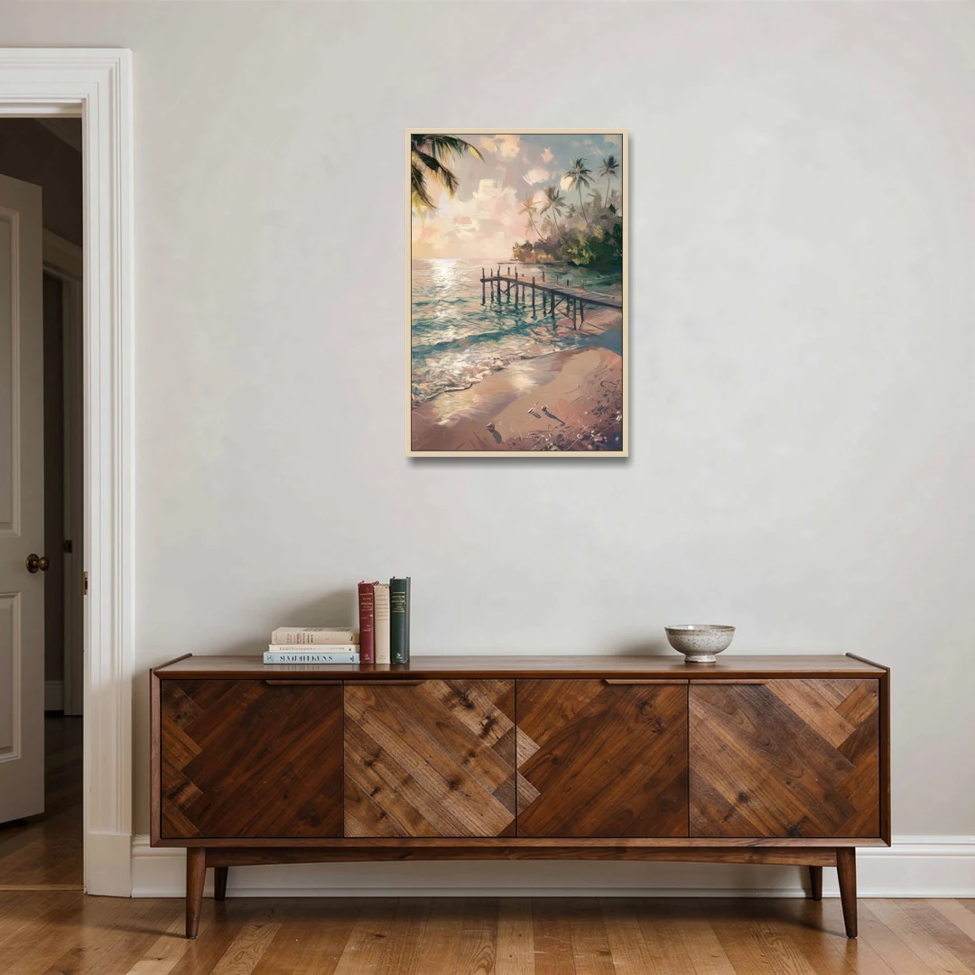 Seaside Tranquil Waters - Oak Framed Canvas Wall Art - Coffee Table - 24x36