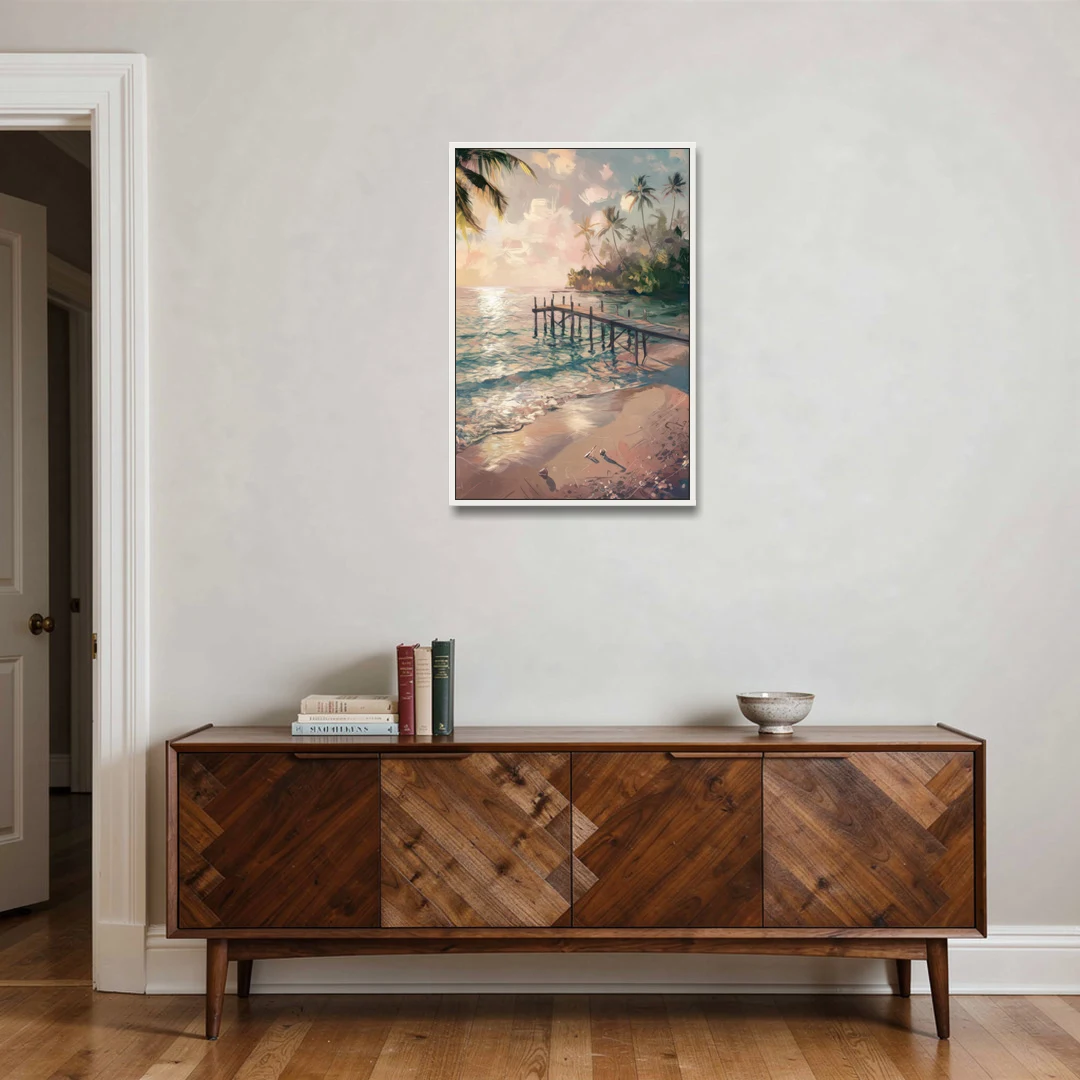 Seaside Tranquil Waters - White Framed Canvas Wall Art - Coffee Table - 24x36