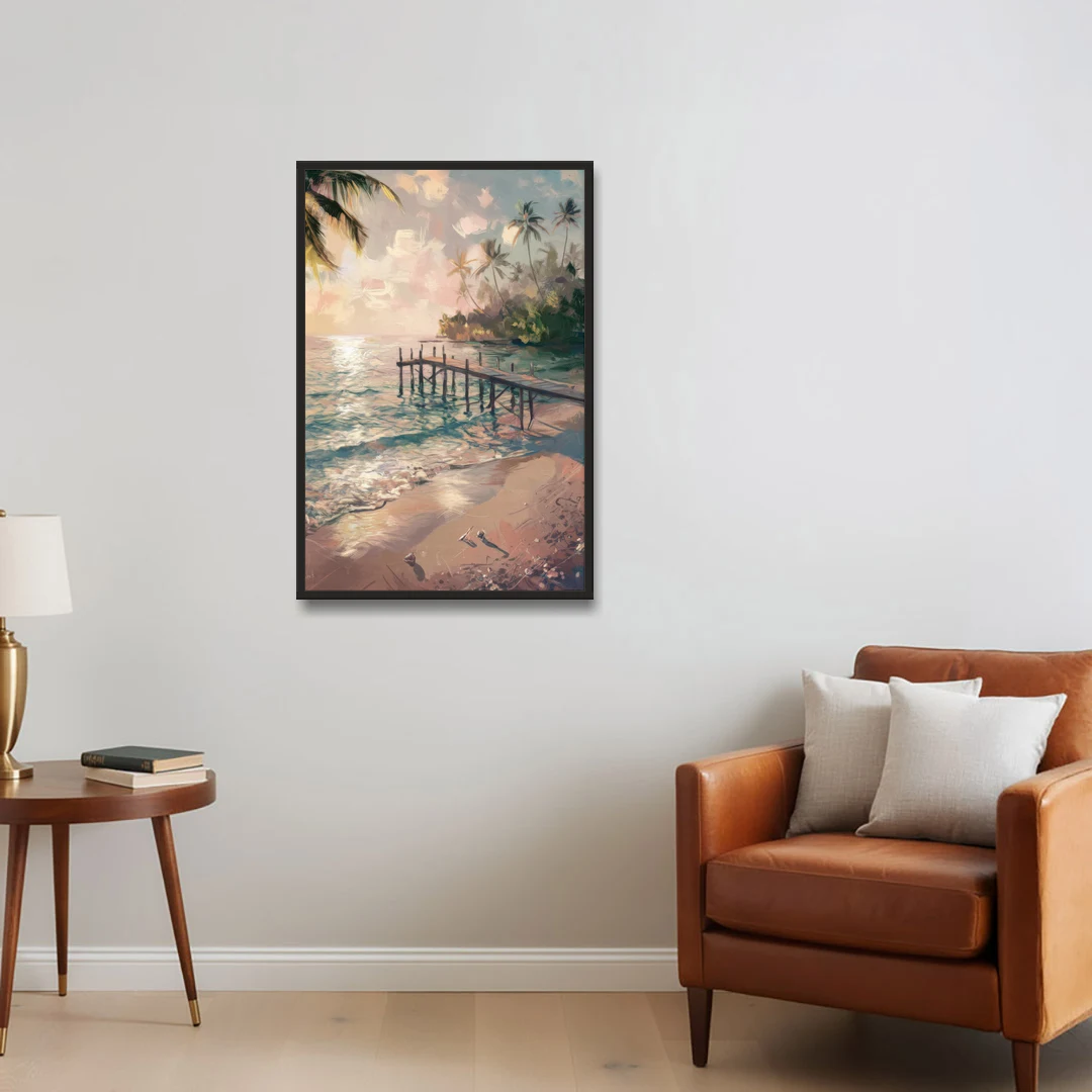 Seaside Tranquil Waters - Black Framed Canvas Wall Art - Sofa - 24x36