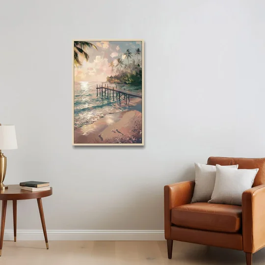Seaside Tranquil Waters - Oak Framed Canvas Wall Art - Sofa - 24x36