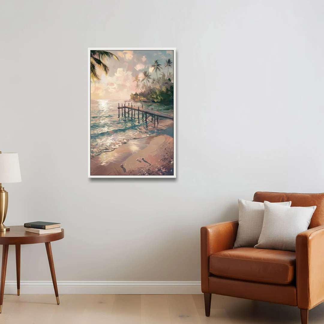 Seaside Tranquil Waters - White Framed Canvas Wall Art - Sofa - 24x36